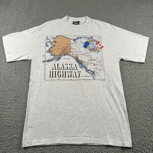 Vtg 90s Alaska Highway Map‎ T Shirt Signal Sports USA Made Single Stitch Large